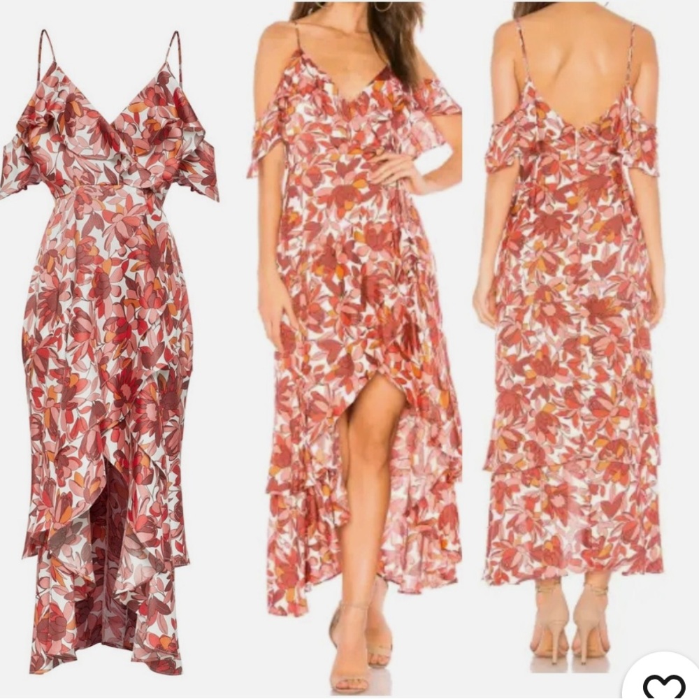 Bardot Garden Party Cold-Shoulder Floral High-Low Ruffle Maxi Dress